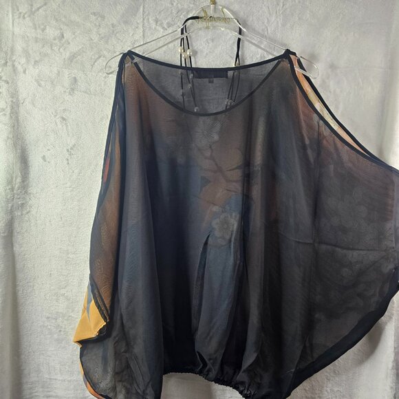 KU2 Kokomo Unlimited Blouse and Necklace Women Size L Silk Blossom Open Shoulder - Picture 6 of 13